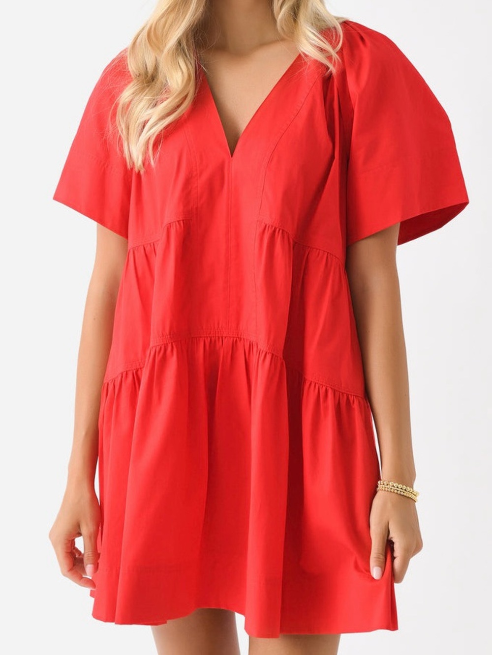 A.L.C. “Camila” V-Neck Tiered Cotton Poplin Mini Dress in Red